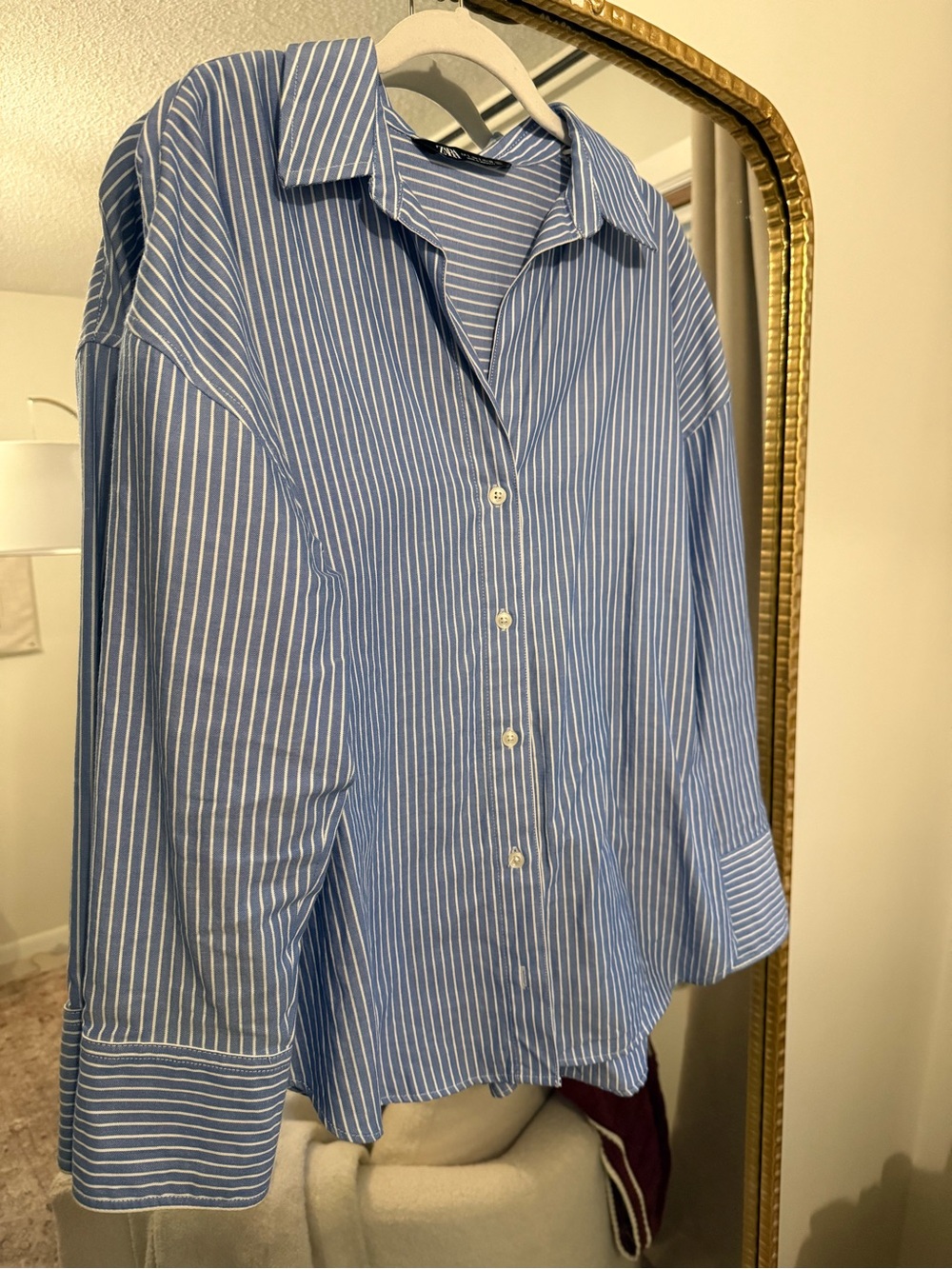 Zara Light Blue and White Vertical Stripe Button-Down Shirt